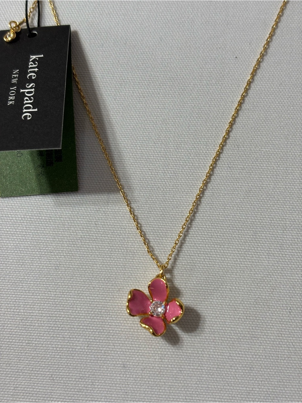 kate spade Gold Pink Flower Pendant Necklace with Crystal Center